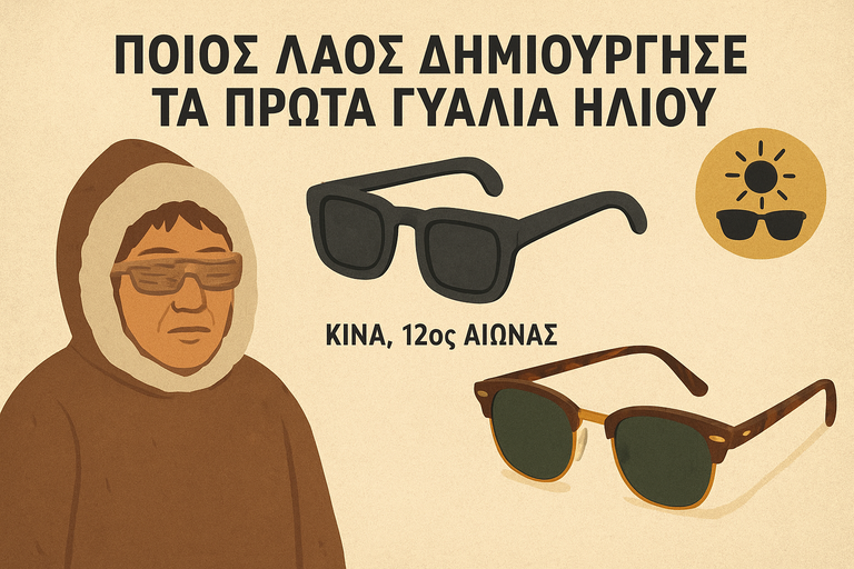 Παραδοσιακά γυαλιά ηλίου των Ινουίτ από κόκαλο με στενές σχισμές για προστασία από την αντανάκλαση του ήλιου στο χιόνι, πρώιμο παράδειγμα προστατευτικών γυαλιών.