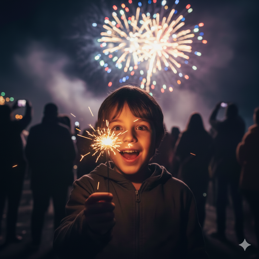 Παιδί κρατά πυροτέχνημα σε εξωτερικό χώρο, με έμφαση στην ανάγκη προστασίας των ματιών και στην πρόληψη οφθαλμικών ατυχημάτων.