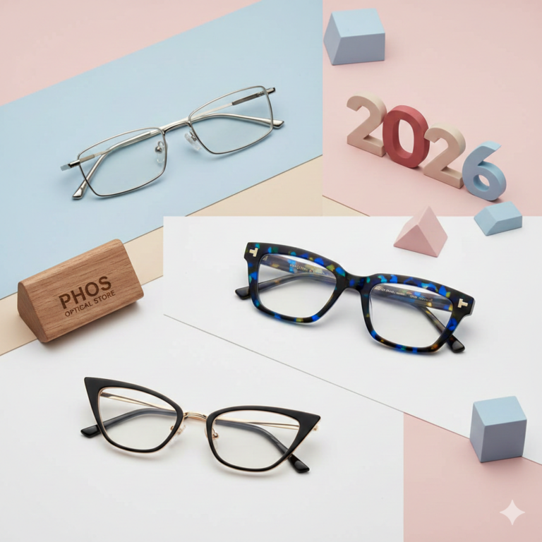 Στούντιο φωτογραφία που απεικονίζει τις τρεις βασικές τάσεις γυαλιών για το 2026: 1) Λεπτός ορθογώνιος μεταλλικός σκελετός '90s, 2) Χοντρός σκελετός ασετάτ με μπλε και κίτρινο μοτίβο και 3) Ένας αιχμηρός, μαύρος Cat-Eye σκελετός, μαζί με ξύλινο λογότυπο του Phos Optical Store και διακοσμητικά του 2026.