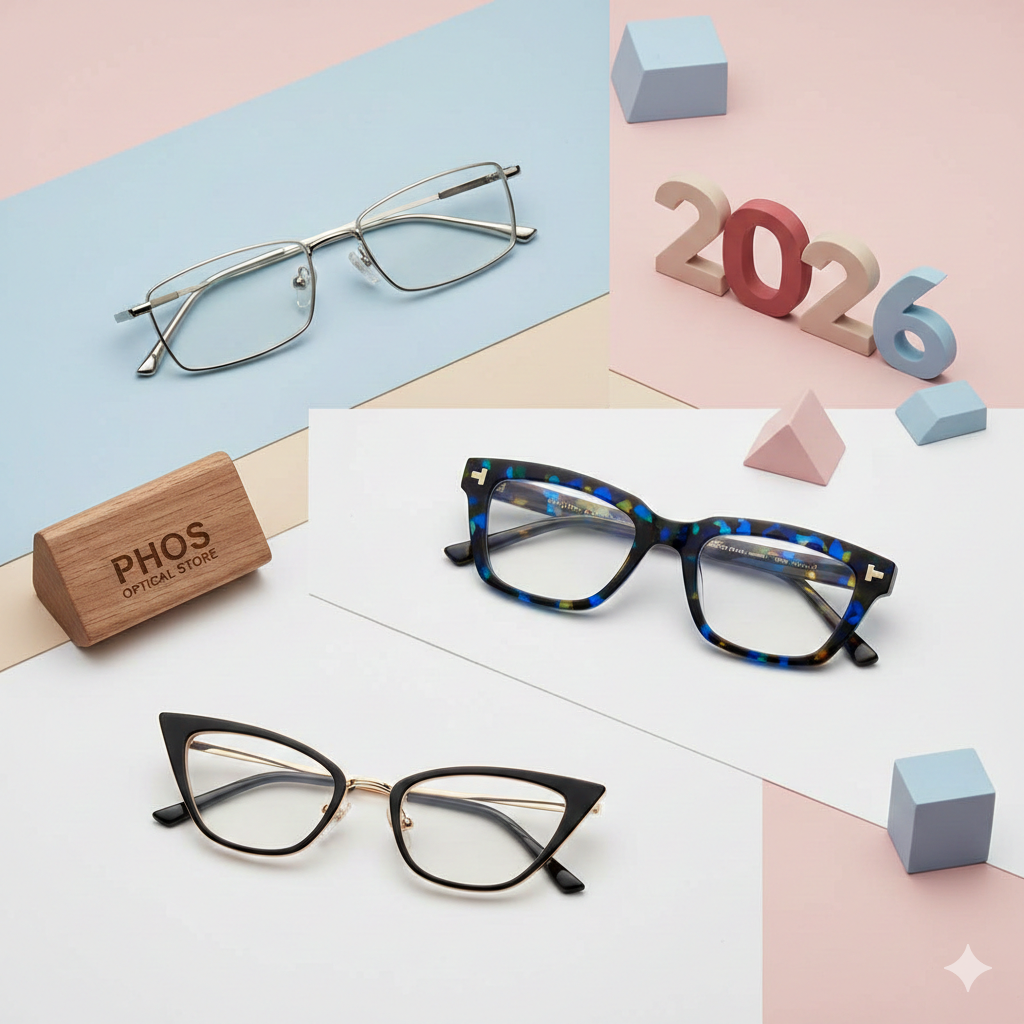 Στούντιο φωτογραφία που απεικονίζει τις τρεις βασικές τάσεις γυαλιών για το 2026: 1) Λεπτός ορθογώνιος μεταλλικός σκελετός '90s, 2) Χοντρός σκελετός ασετάτ με μπλε και κίτρινο μοτίβο και 3) Ένας αιχμηρός, μαύρος Cat-Eye σκελετός, μαζί με ξύλινο λογότυπο του Phos Optical Store και διακοσμητικά του 2026.