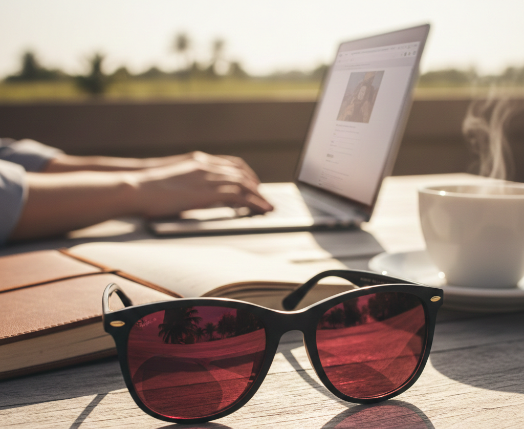 Γυαλιά με κόκκινο φακό σε διαφανή σκελετό