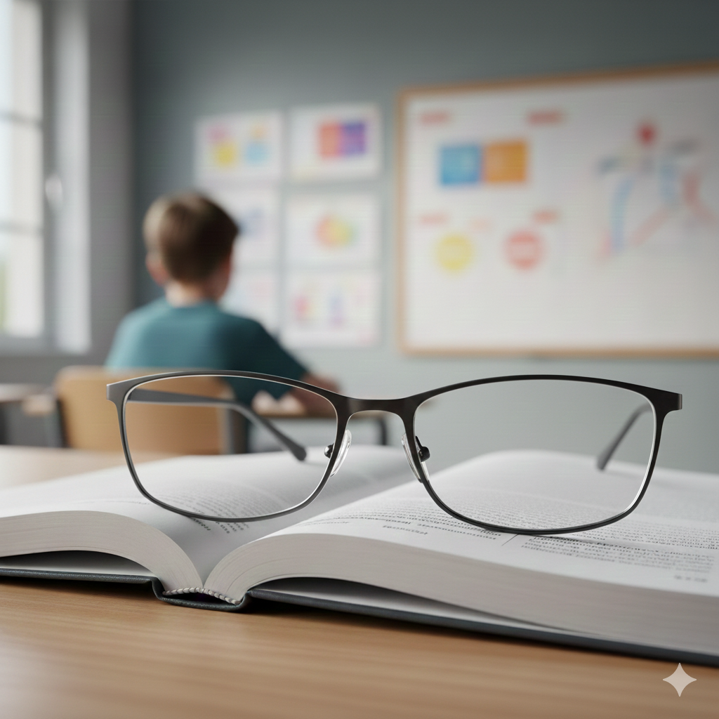 Προσομοίωση όρασης με φακούς Myopia Control. Η εικόνα δείχνει ένα εσωτερικό δωματίου με ένα ανοιχτό βιβλίο και έναν καφέ σε ένα τραπέζι. Το κεντρικό τμήμα της εικόνας είναι καθαρό και ευκρινές, ενώ η περιφέρεια (οι άκρες της εικόνας) είναι ελαφρώς θολή ή εκτός εστίασης, προσομοιάζοντας την περιφερική αποεστίαση που χρησιμοποιείται για την επιβράδυνση της εξέλιξης της μυωπίας.