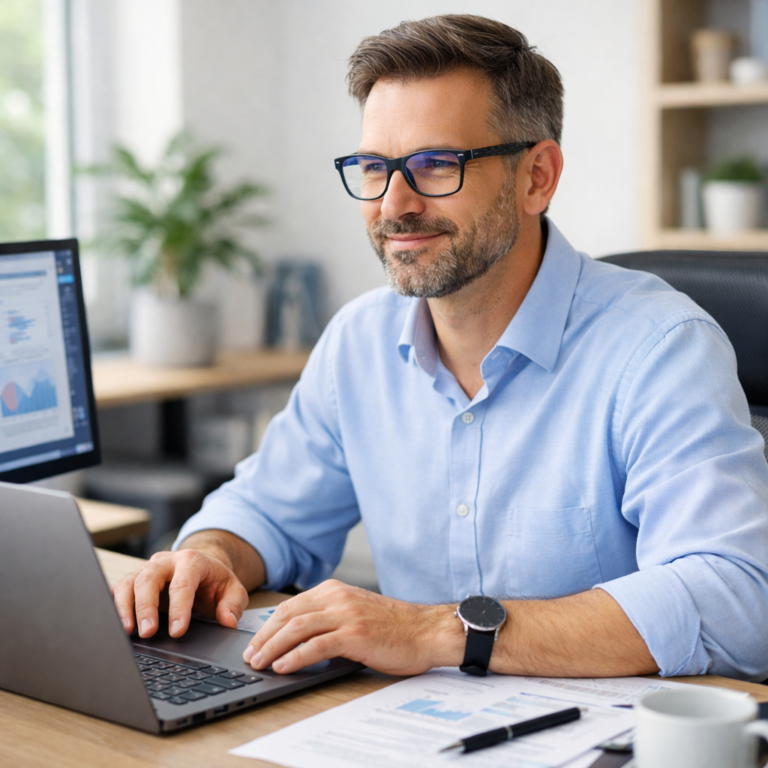 Επαγγελματίας που εργάζεται σε υπολογιστή φορώντας γυαλιά office για άνετη όραση στο γραφείο