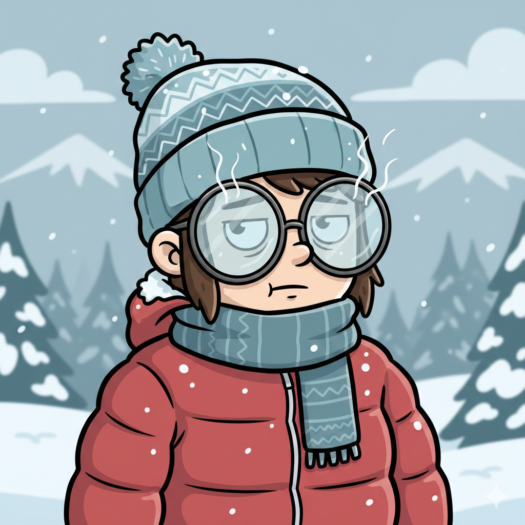 Γγυναίκα στο δρόμο με θολά γυαλιά χειμώνα, εμφανής η δυσκολία στην όραση λόγω υγρασίας και αλλαγής θερμοκρασίας