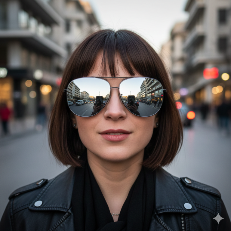 Γυναίκα που φοράει γυαλιά ηλίου με καθρέφτη και μοντέρνο σκελετό, ιδανικά για έντονη ηλιοφάνεια