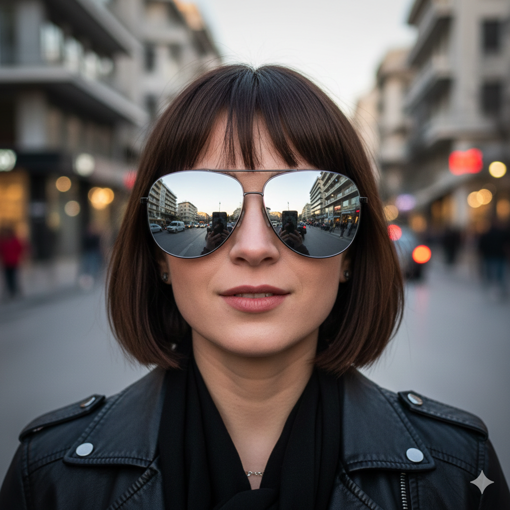 Γυναίκα που φοράει γυαλιά ηλίου με καθρέφτη και μοντέρνο σκελετό, ιδανικά για έντονη ηλιοφάνεια