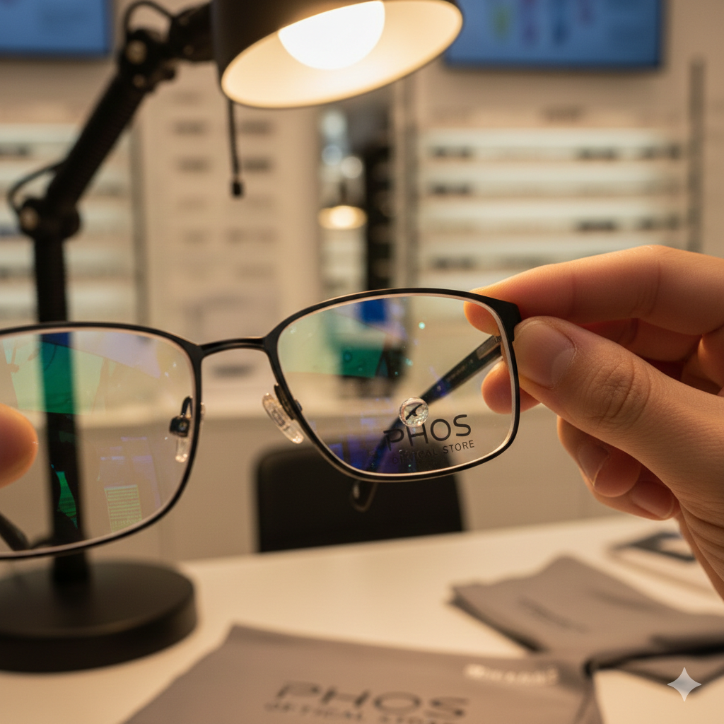 "Κοντινό πλάνο ενός χεριού που κρατά γυαλιά οράσεως μέσα στο Phos Optical Store. Οι φακοί δείχνουν την αντιανακλαστική επίστρωση με διακριτικές γαλαζοπράσινες αντανακλάσεις κάτω από το φως μιας λάμπας γραφείου, σε ένα μοντέρνο και καθαρό περιβάλλον οπτικού καταστήματος."