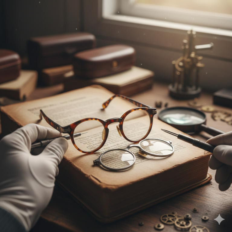 Αλλαγή φακών σε vintage γυαλιά οράσεως με σύγχρονους φακούς σε οπτικό κατάστημα στο Παγκράτι