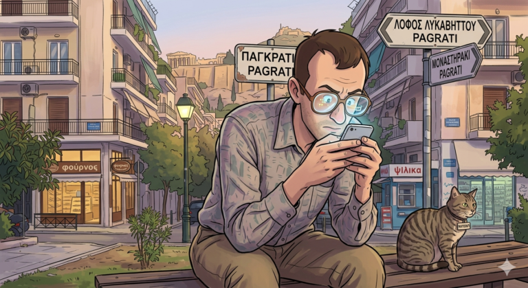 Εικονογράφηση σε στυλ καρτούν που δείχνει έναν άνδρα με χοντρά γυαλιά μυωπίας να είναι σκυμμένος πάνω από το κινητό του, καθισμένος σε παγκάκι στο Παγκράτι. Δίπλα του κάθεται μια γάτα, ενώ στο βάθος φαίνεται η Ακρόπολη, ένας παραδοσιακός φούρνος και μπερδεμένες πινακίδες που δείχνουν προς διάφορες κατευθύνσεις της Αθήνας.