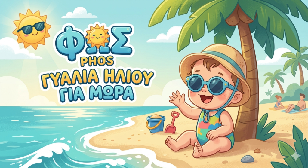 Μια χαρούμενη καρτούν εικονογράφηση ενός μωρού που φοράει γυαλιά ηλίου και καπέλο, καθισμένο σε μια ηλιόλουστη τροπική παραλία δίπλα στη θάλασσα.