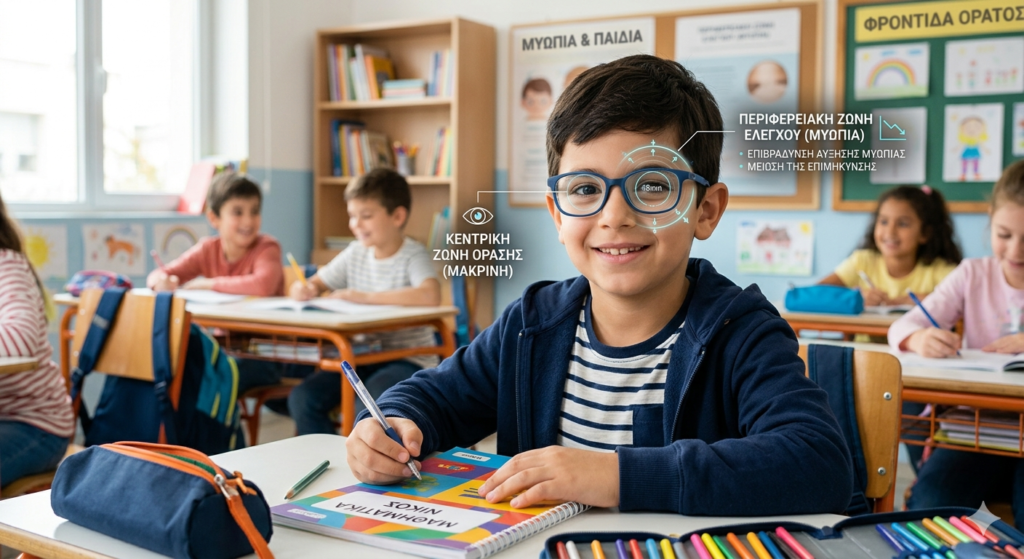 “Παιδί 8 ετών που φοράει γυαλιά για έλεγχο μυωπίας με καθαρή κεντρική ζώνη και περιφερειακή ζώνη φακών που επιβραδύνουν την πρόοδο της μυωπίας, σε φωτεινό παιδικό δωμάτιο.”