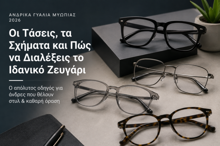 Ανδρικά γυαλιά μυωπίας 2026 σε μοντέρνα σχέδια acetate και μεταλλικούς σκελετούς πάνω σε minimal επιφάνεια, με editorial αισθητική και ελληνικό τίτλο για τις τάσεις στα οπτικά.
